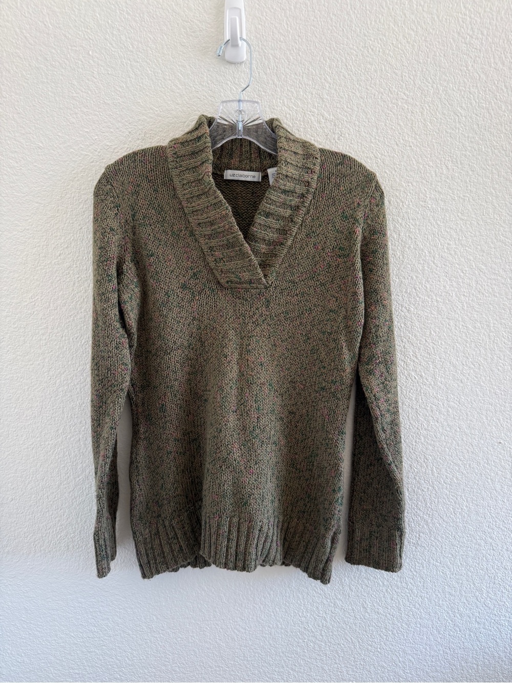 Liz Claiborne Vintage Olive V-Neck Shawl Collar Sweater